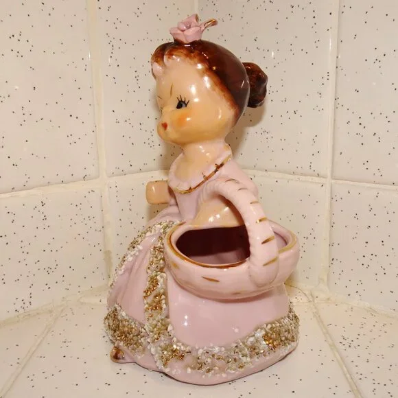 Vintage Ucagco Ceramic Women in Pink Dress w/ Basket Figurine antique lady - Picture 11 of 16